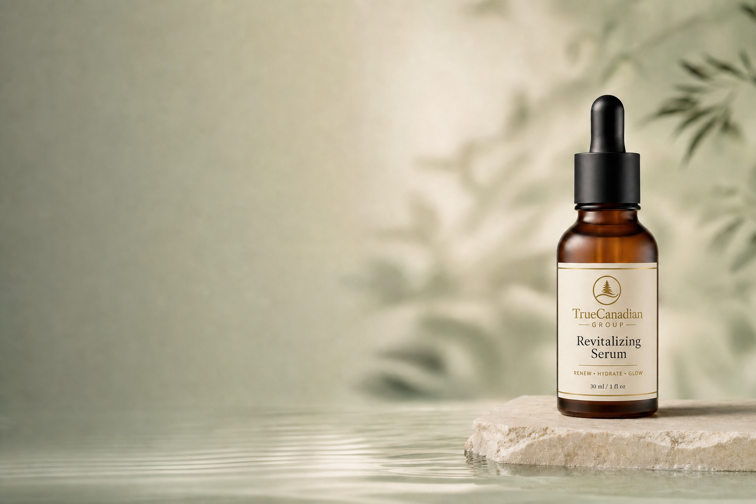 TrueCanadian Revitalizing Serum on a stone pedestal